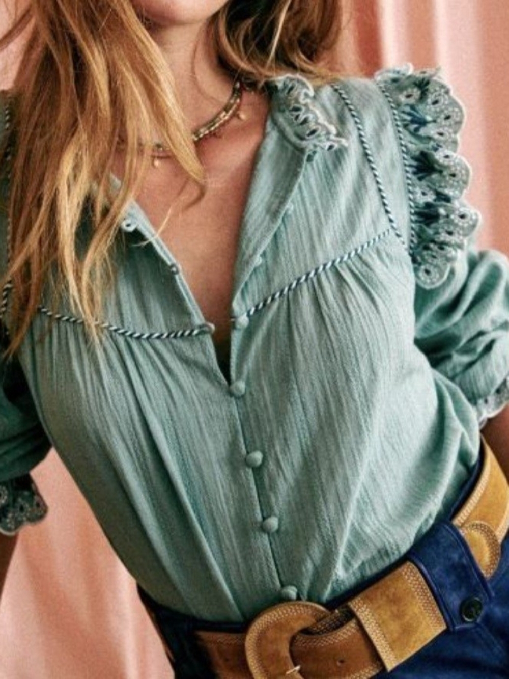 Sezane Soft Sage Ruffled Button-Up Blouse